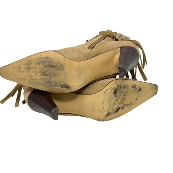 Nine West Fringe Suede Ankle Boots 9M Camel Tan Pointed Western Toe High Heel - Picture 9 of 10